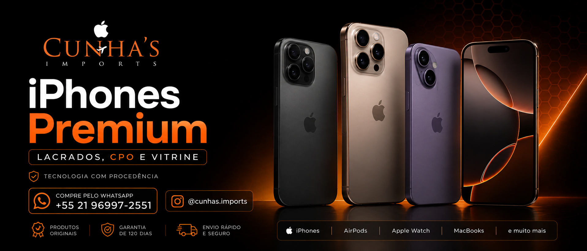 Banner premium de iPhones da Cunha's Imports